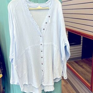 Waffle Shirt With V Neck and Unfinished Hems.  Gauze Material.  Light Blue